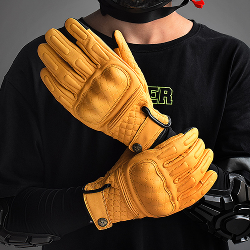 Motorcycle Gear Used - レトロレザーオートバイグローブフルフィンガーイエローバイクレーシンググローブタッチスクリーングアンテモト保護具